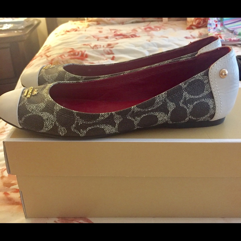 Coach Signature Gray and White Cap-Toe Flats with Pink Lining